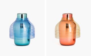 Glassmakers Verreum introduced some big-name products, like these ’Corolle’ vases by Sebastian Herkner. Two images of beautifully designed blue and orange vases.