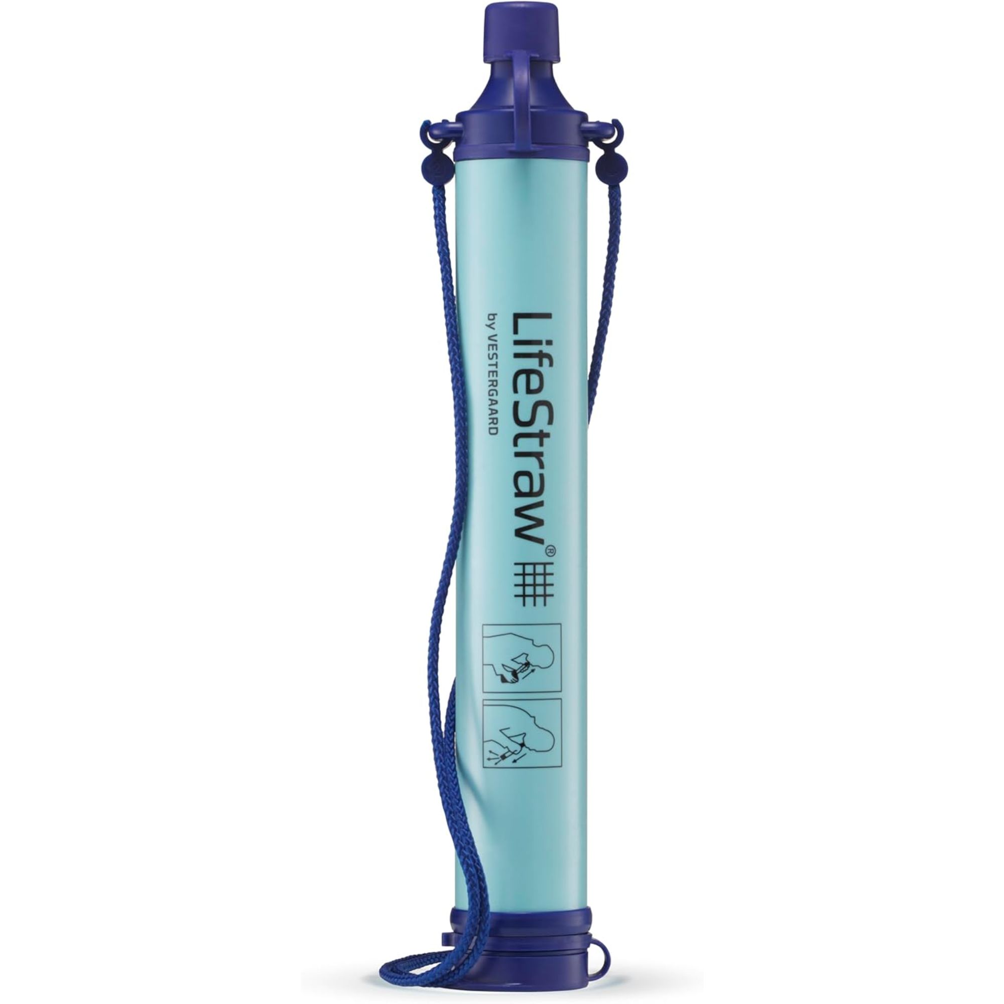 Light blue LifeStraw with dark blue detailing and strings.