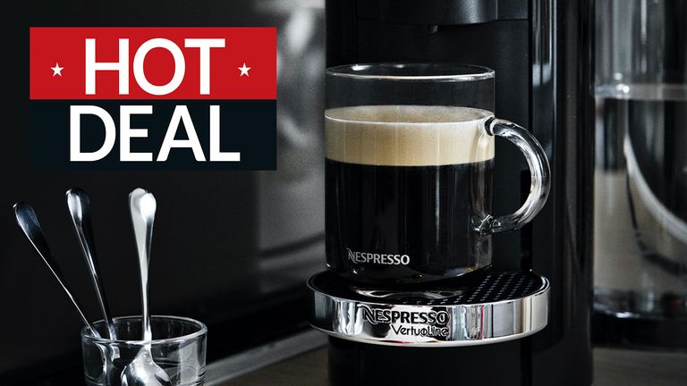 A cup of Nespresso coffee with a 'hot deal' badge