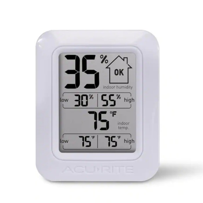 AcuRite Digital Humidity and Temperature Comfort Monitor showing humidity levels, temperature in Fahrenheit against white background