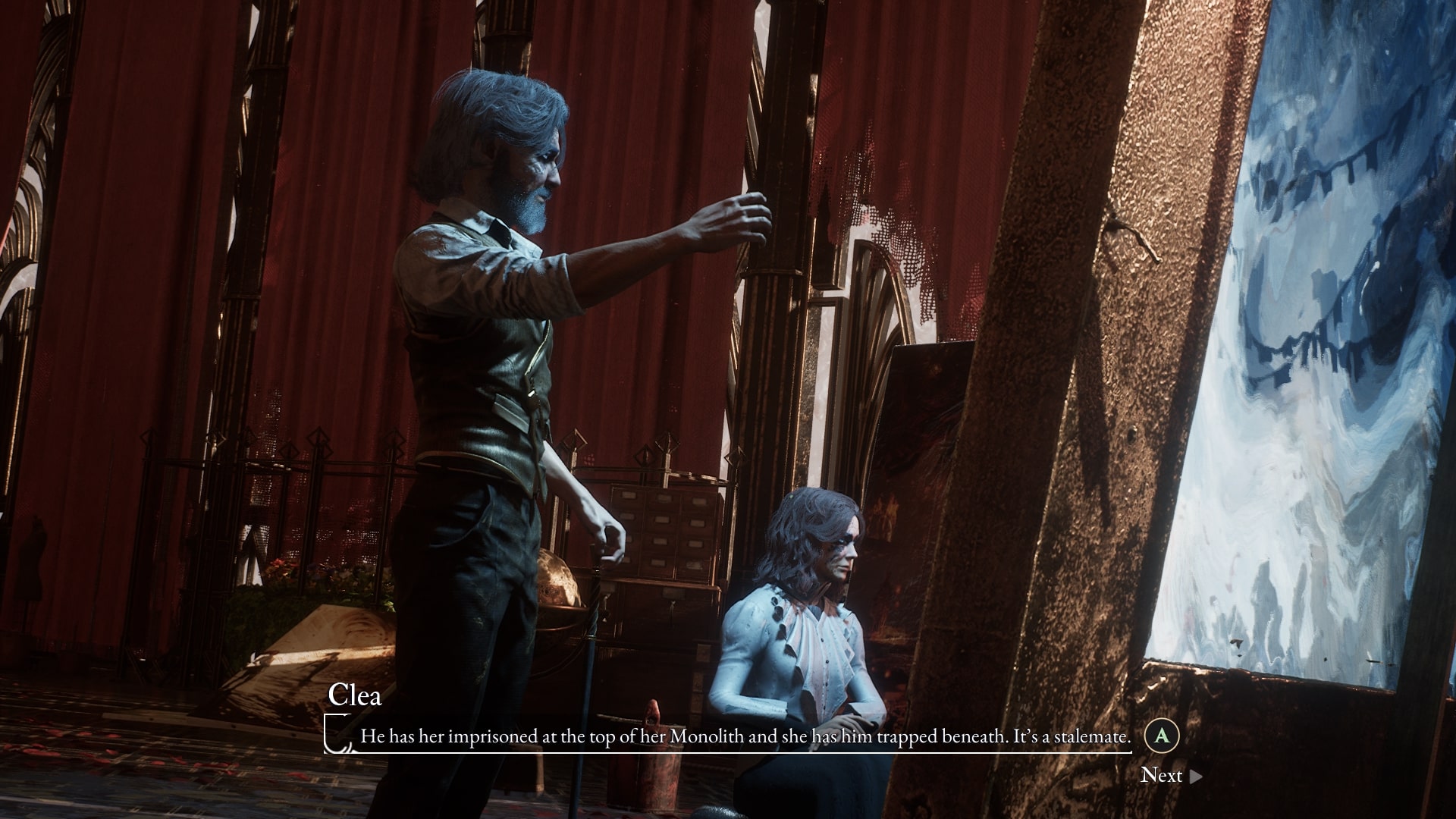 Clair Obscur: Expedition 33 screenshot of Renoir and Aline painting in the atellier