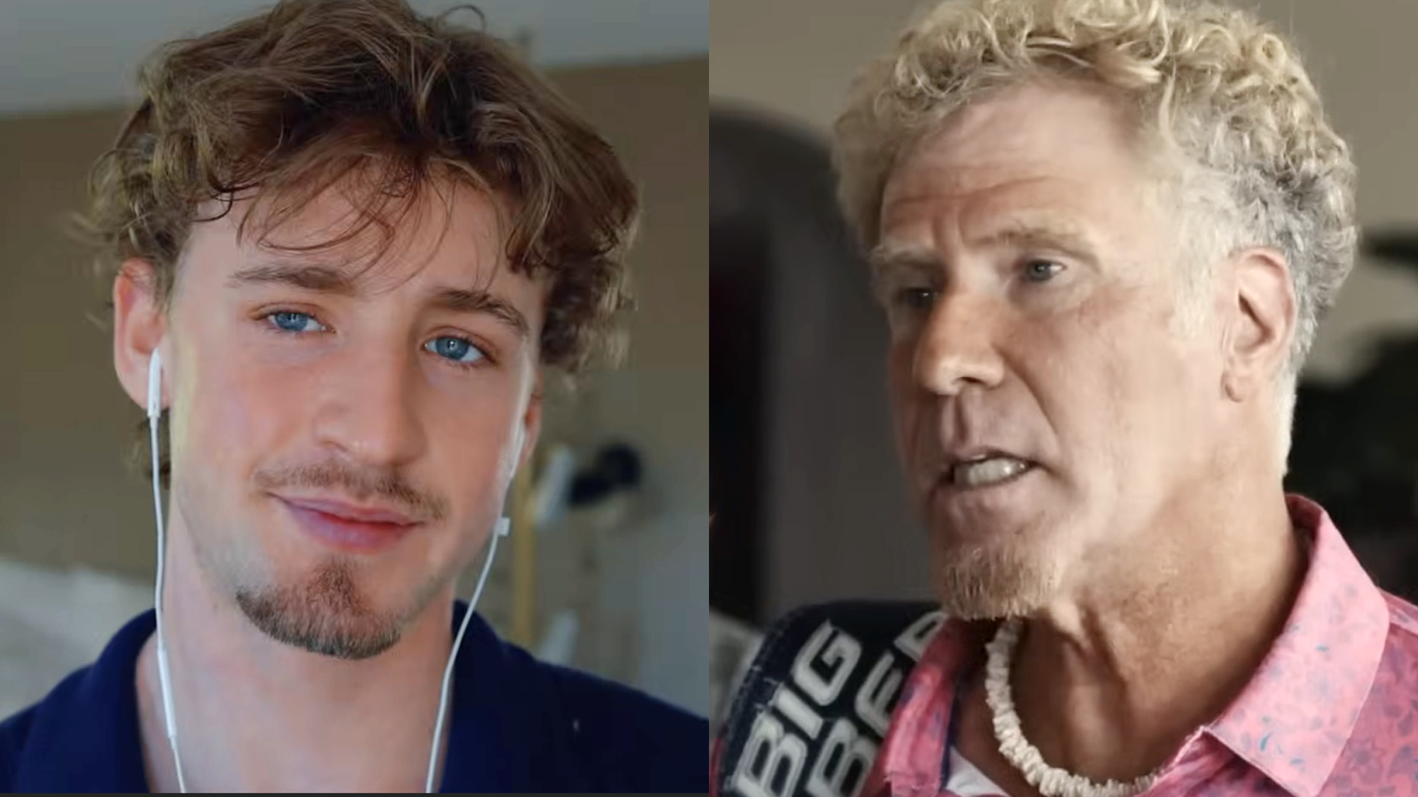 Magnus Ferrell with earbuds in and wearing a blue polo in his New Sensation music video, Will Ferrell wearing pink open collar and white puka shell necklace in Netflix's The Hawk.