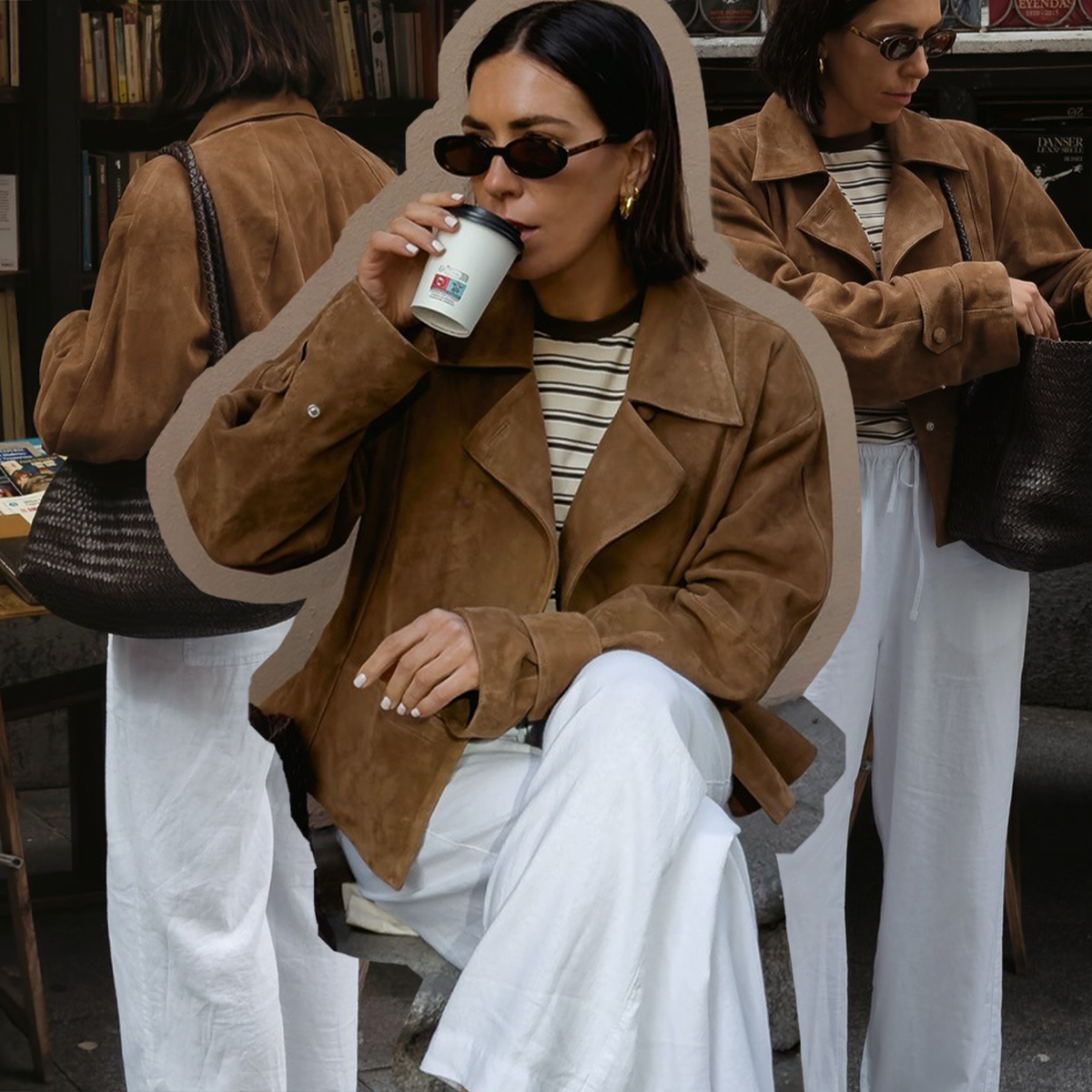 @_jessicaskye wearing a suede moto jacket, linen trousers, striped tee, and a Madewell woven tote