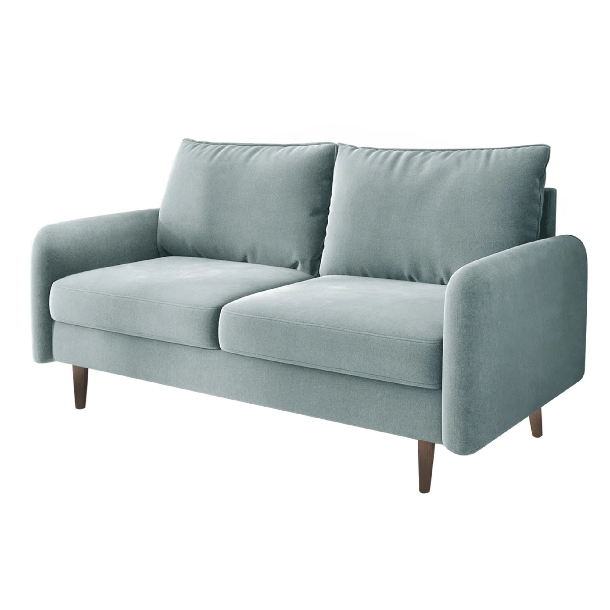 Pale blue velvet sofa with wood legs