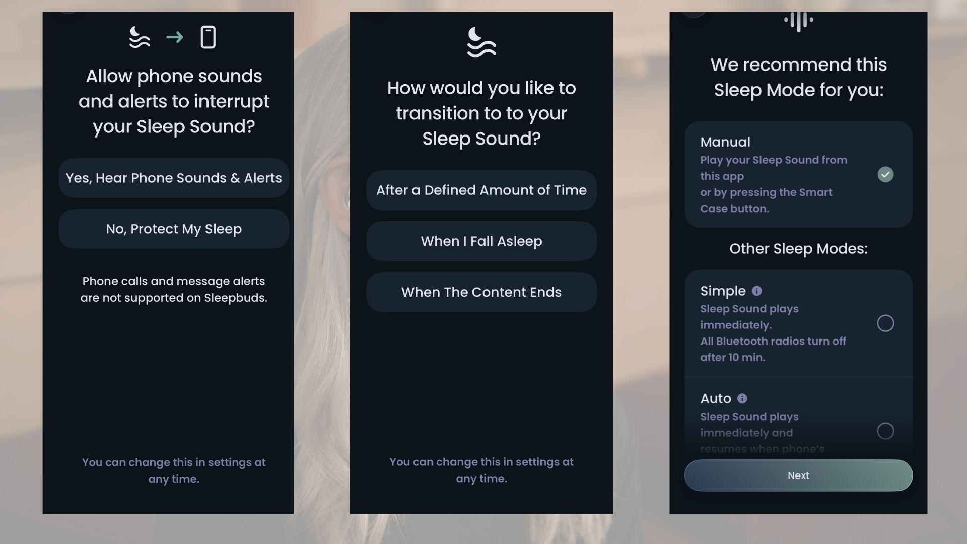 The image shows screen shots of the Sleep Modes available when using the Ozlo Sleepbuds 2
