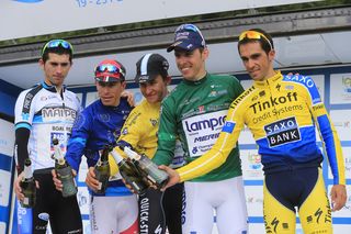 Michal Kwiatkowski (Omega Pharma - QuickStep) - Rui Alberto Faria Da Costa (Lampre - Merida) - Alberto Contador (Tinkoff - Saxo) on the podium after Stage 5 of the 2014 Volta ao Algarve