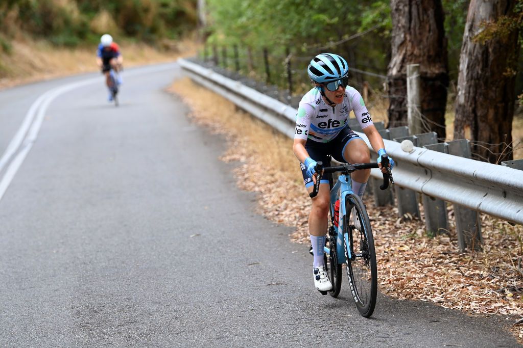 CAMPBELLTOWN AUSTRALIA JANUARY 17 Amanda Spratt of Australia and Trek Segafredo Queen of the Mountain Jersey attacks in the breakaway ahead of Grace Brown of Australia and Team FDJSuez during the 7th Santos Womens Tour Down Under 2023 Stage 3 a 932km stage from Torrens Foot Bridge Adelaide to Montacute Road Campbelltown TourDownUnder UCIWWT on January 17 2023 in Campbelltown Australia Photo by Tim de WaeleGetty Images