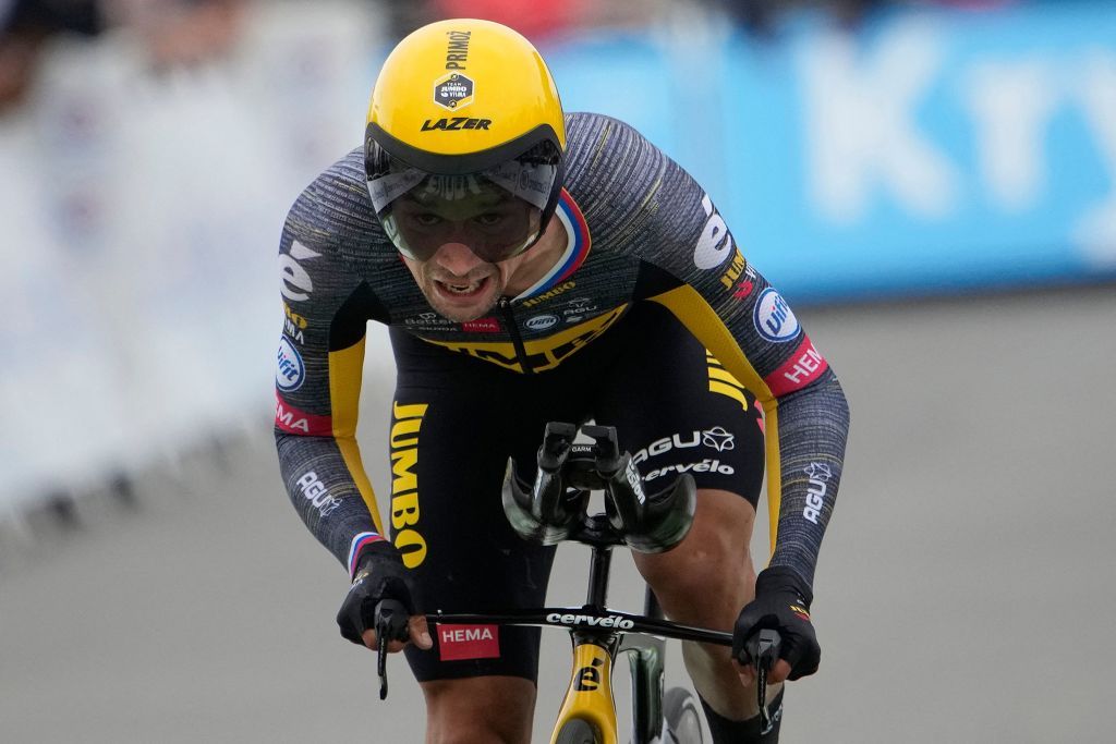 Team Jumbo Vismas Primoz Roglic of Slovenia crosses the finish line of the 5th stage of the 108th edition of the Tour de France cycling race a 27 km time trial between Change and Laval on June 30 2021 Photo by Christophe Ena various sources AFP Photo by CHRISTOPHE ENAAFP via Getty Images