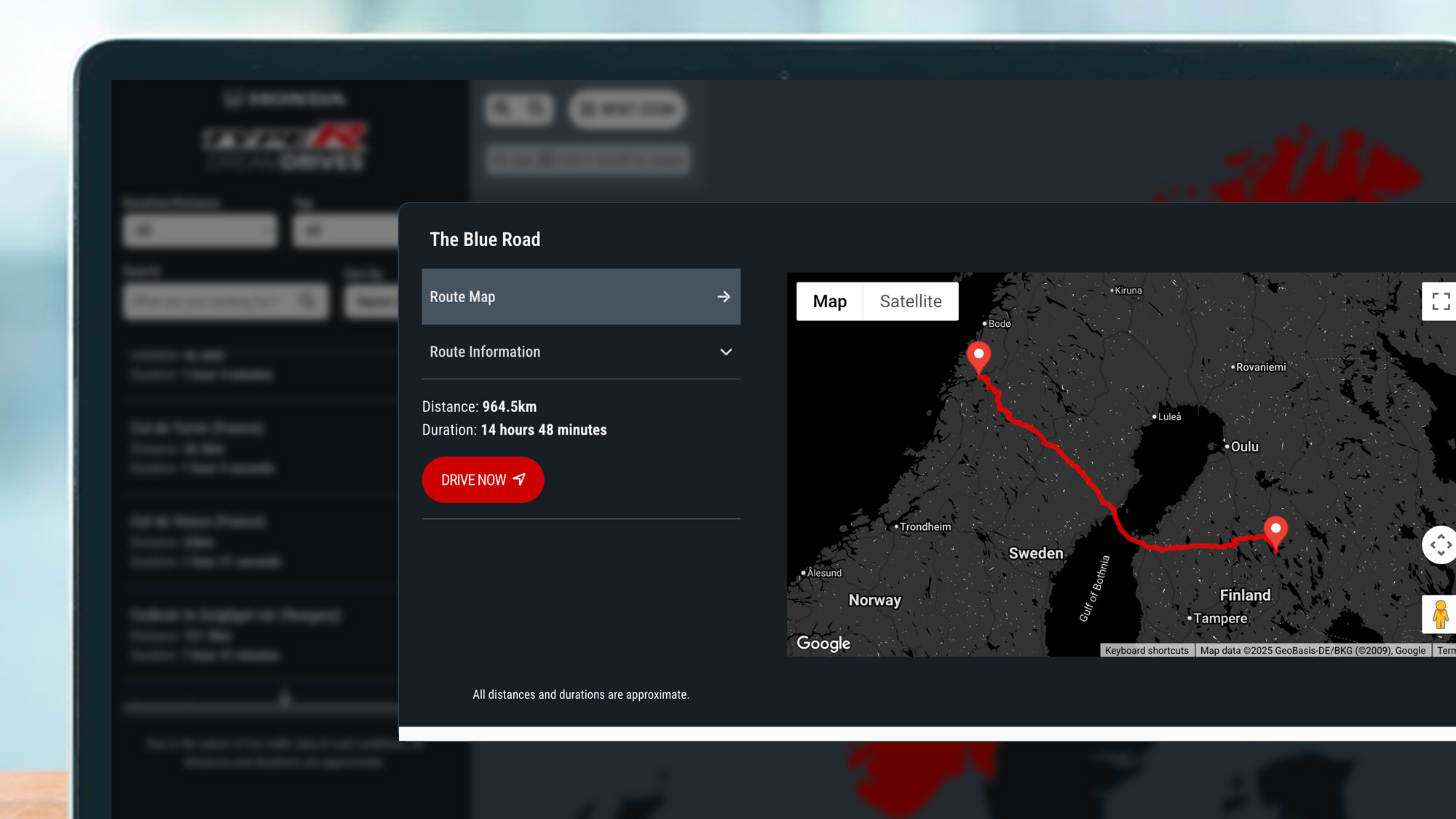 A laptop screen showing a route in Honda's Dream Drives map collection