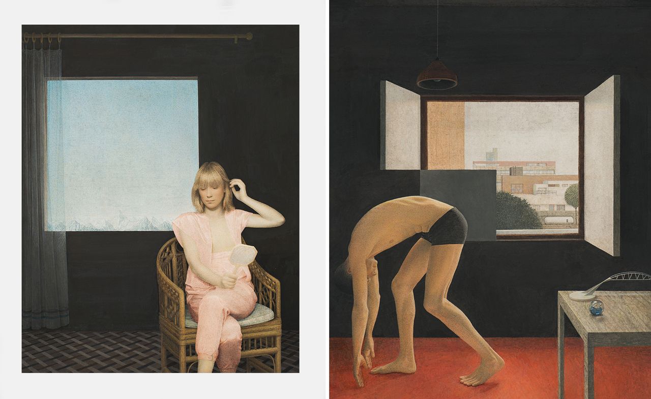 Graham Little artworks of woman sitting with mirror, and man touching toes in pants