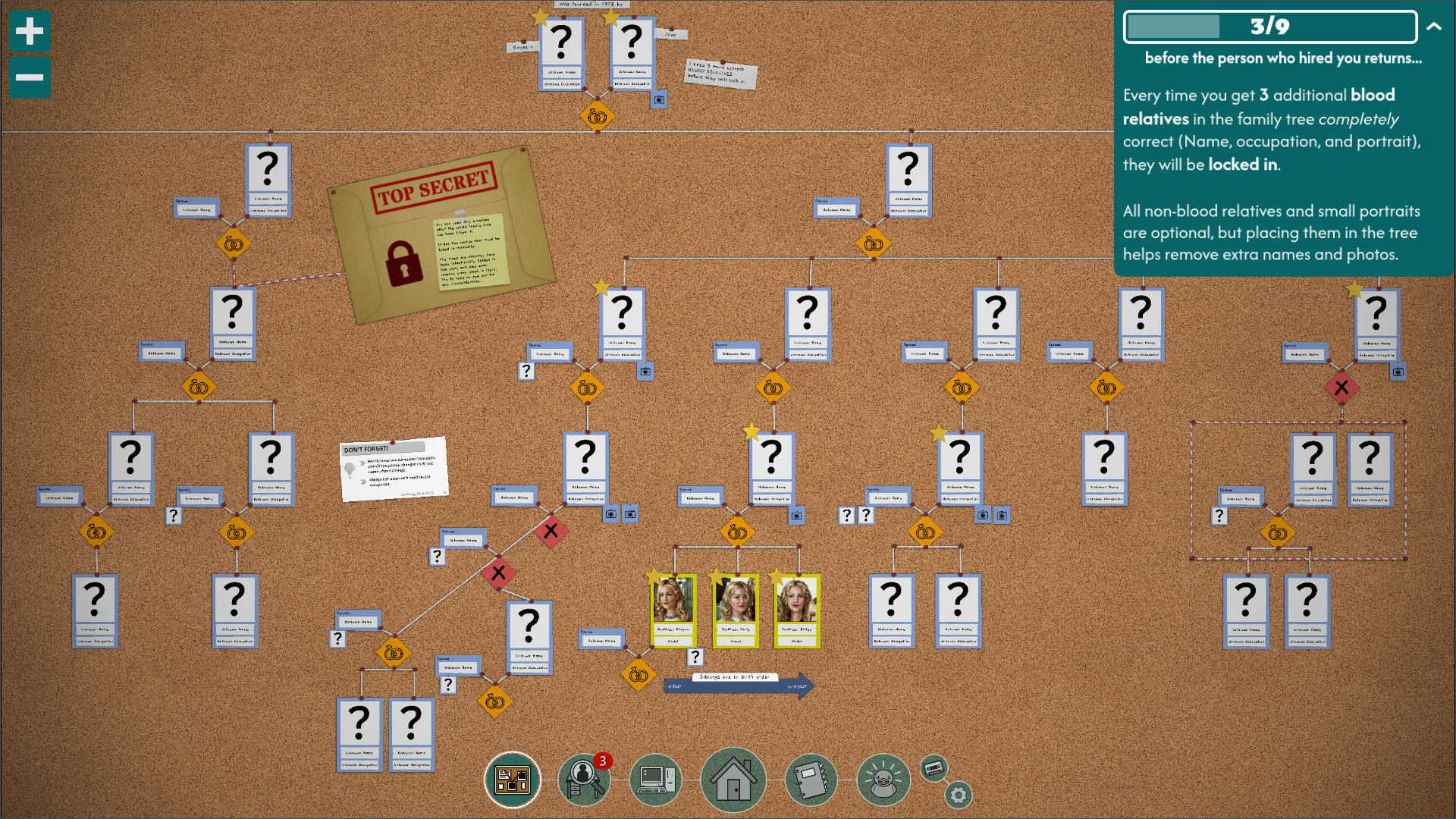 A wide view of the sprawling family tree on a corkboard in The Roottrees are Dead.