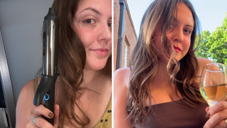 Sophia Vilensky using the GHD Soft Curl (on the left), and her showing soft beach waves after usages (on the right).