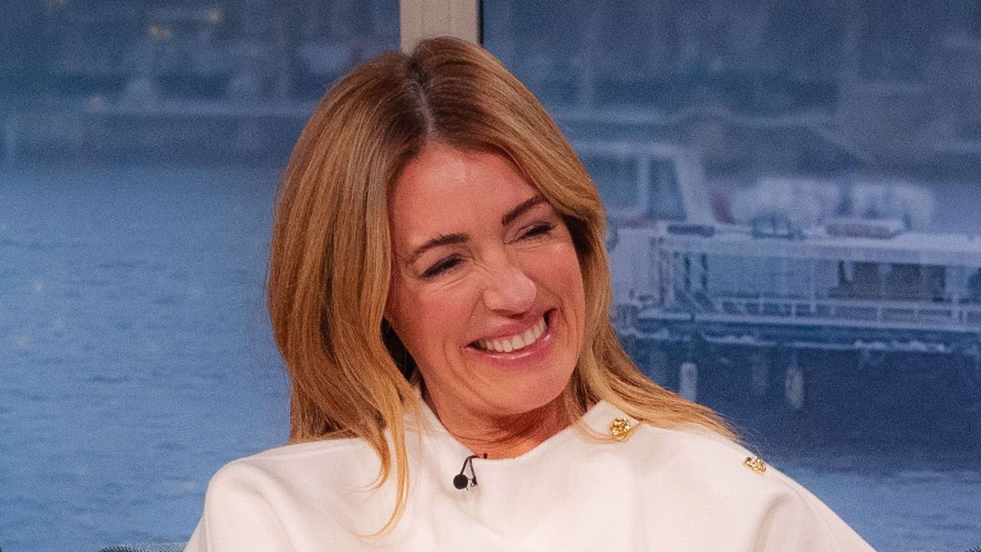 Cat Deeley wearing cream ME+EM skirt with River Island top on This Morning, 2 December 2025