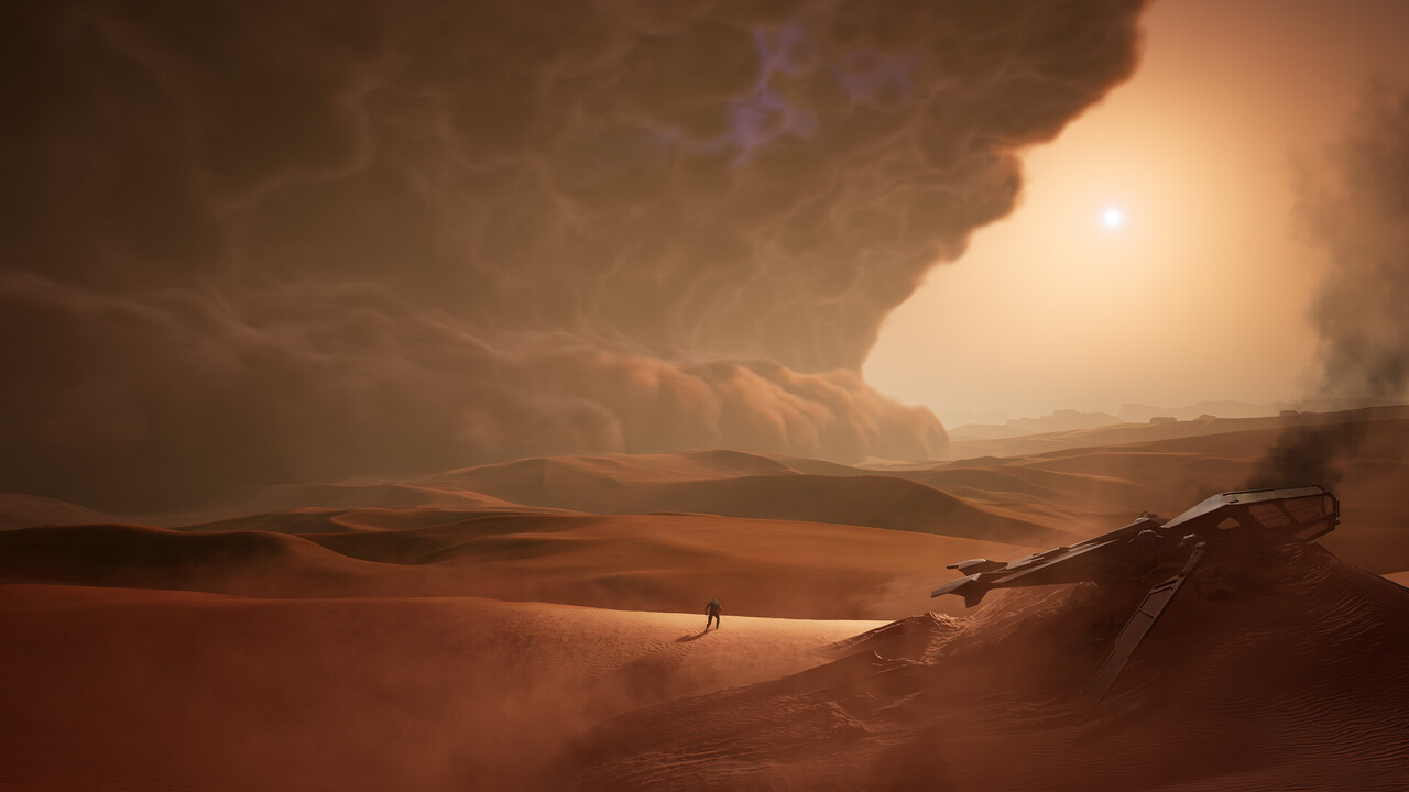 Black smoke is billowing from an Ornithopter (dragonfly-like aircraft) that has crashed into the desert. A giant sandstorm is approaching and covers most of the sky. A lone figure is wandering across the sandy landscape.