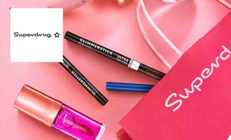 Superdrug logo top left with pink bag with multiple makeup products falling out
