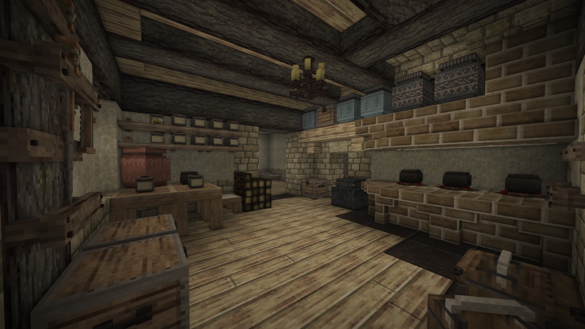 A kitchen in a voxel survival game