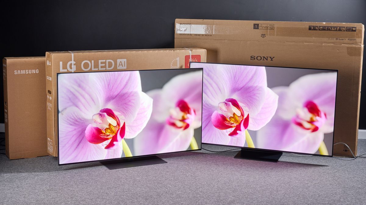 Two OLED TVs displaying pink flowers on screen