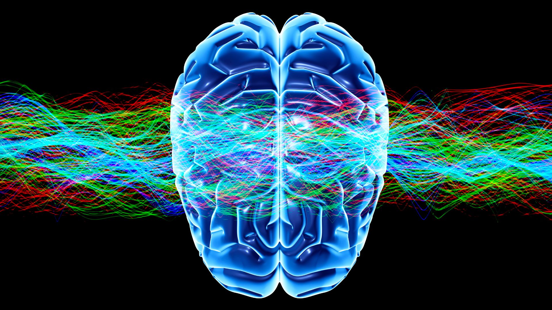 illustration of a human brain with rainbow colored waves running across it
