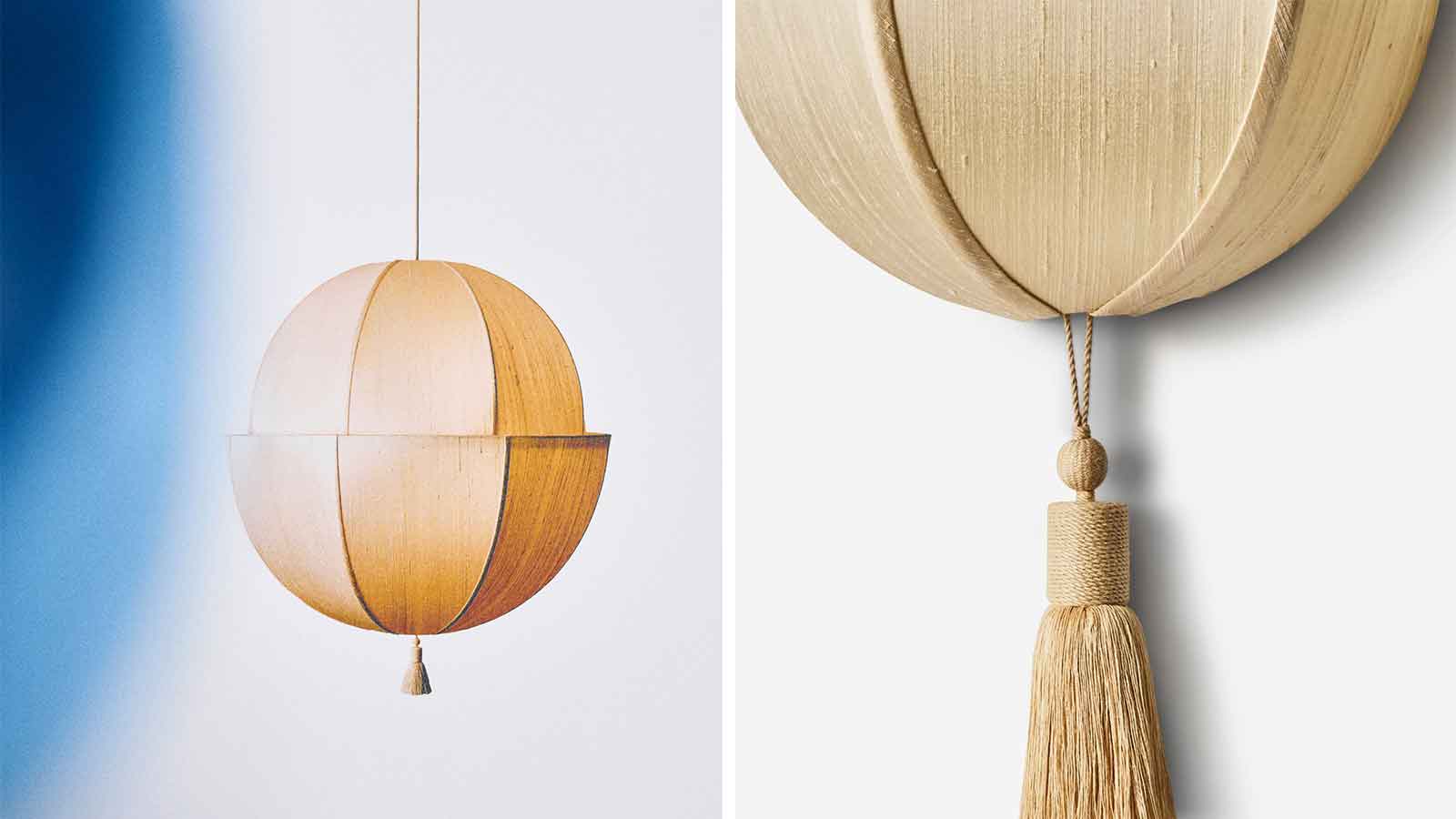 Lantern with off-white silk shade and tassel