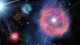 Illustration of supernova explosions in the early universe, with colorful gas halos surrounding exploded stars.
