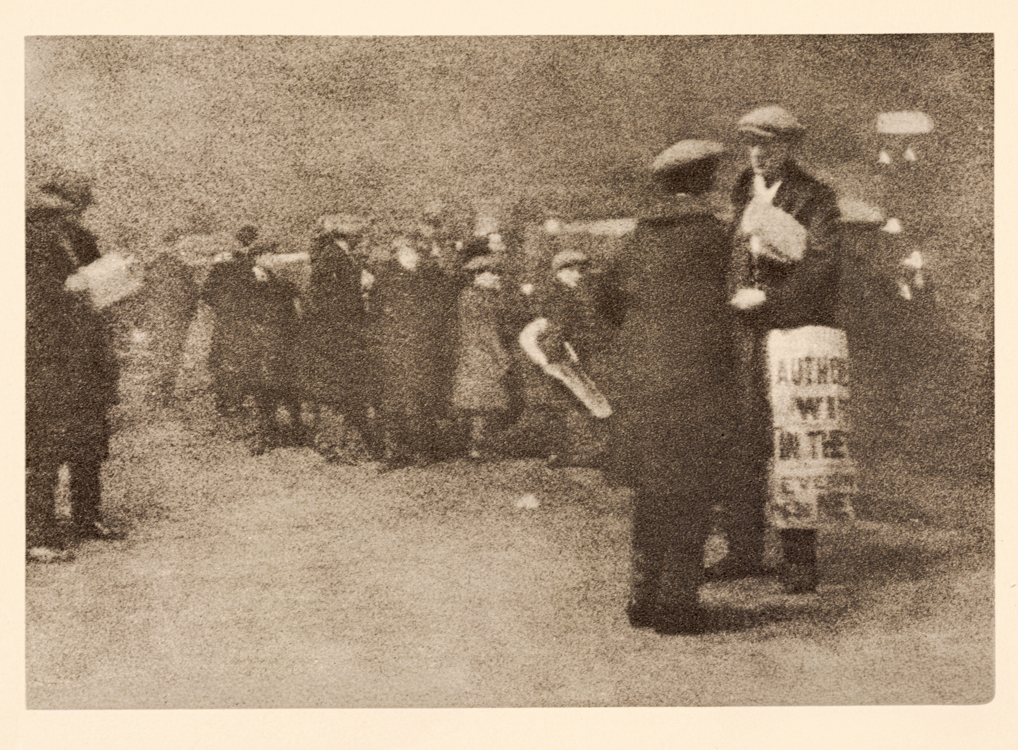 A blurred street scene showing a crowd gathered near a newspaper seller's placard, its lettering only partly legible, under the soft glow of night-time London lighting.