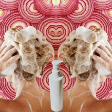 red onion background with two white women washing their hair and a white shampoo bottle in the middle