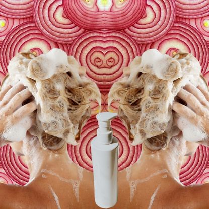 red onion background with two white women washing their hair and a white shampoo bottle in the middle