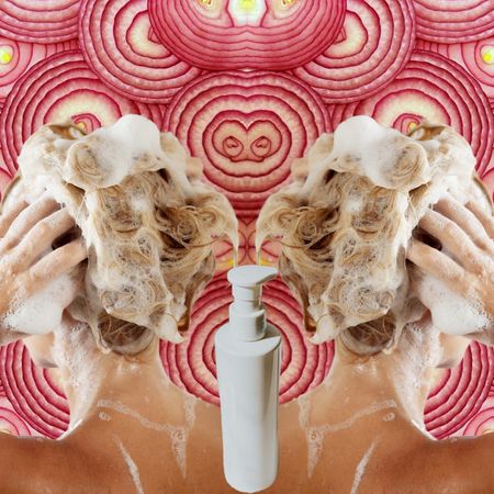 red onion background with two white women washing their hair and a white shampoo bottle in the middle