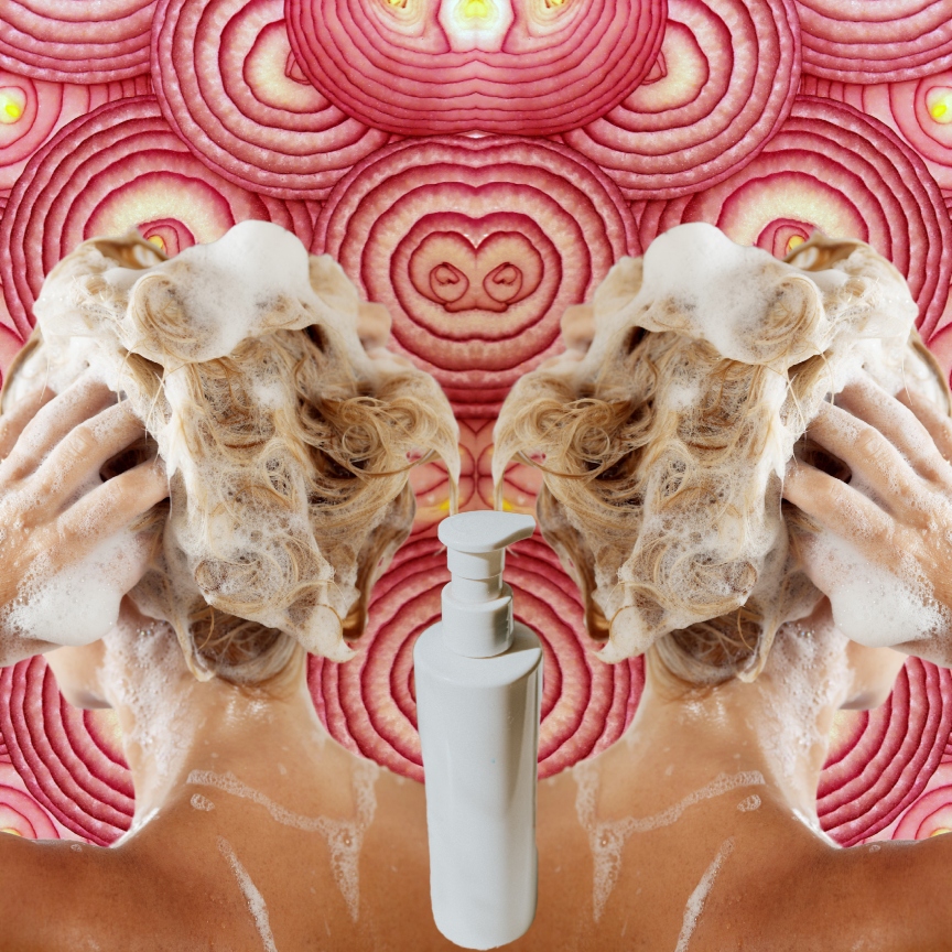 red onion background with two white women washing their hair and a white shampoo bottle in the middle