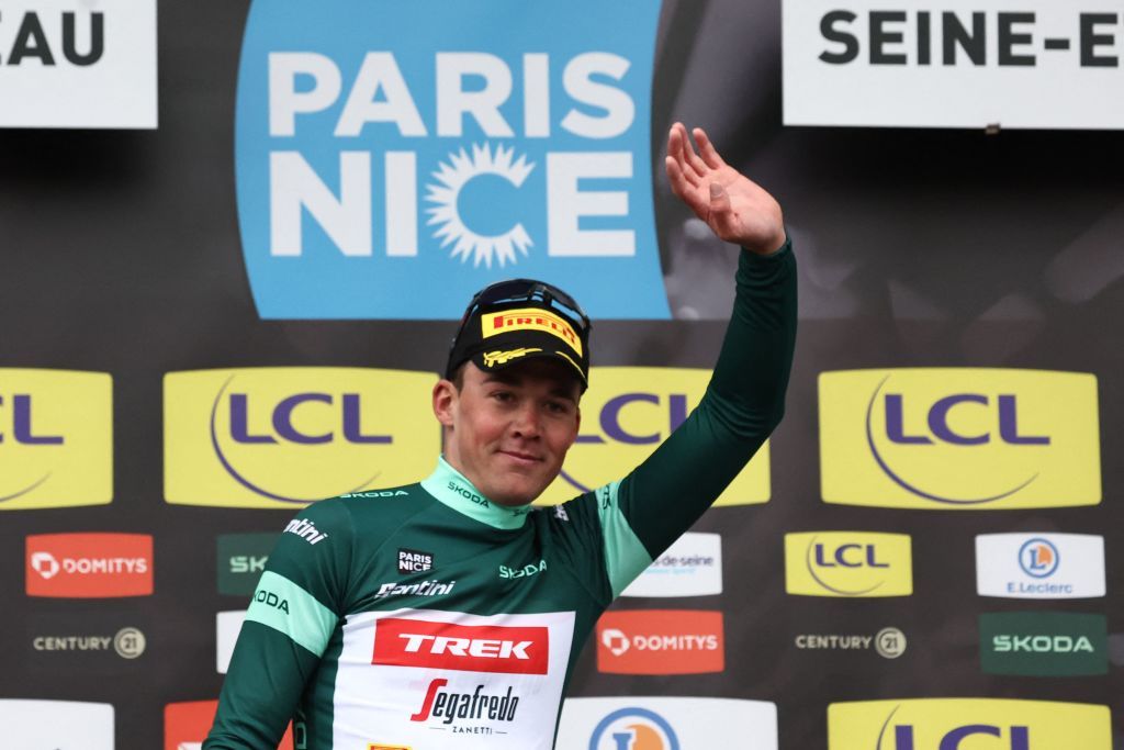 TrekSegafredos Danish rider Mads Pedersen celebrates on the podium after winning the 2nd stage of the 81st Paris Nice cycling race 164 km between Bazainville and Fontainebleau on March 6 2023 Photo by ANNECHRISTINE POUJOULAT AFP Photo by ANNECHRISTINE POUJOULATAFP via Getty Images