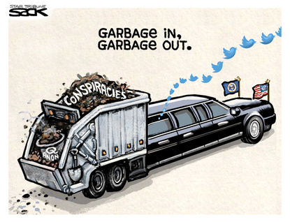 Political Cartoon U.S. Trump twitter conspiracies