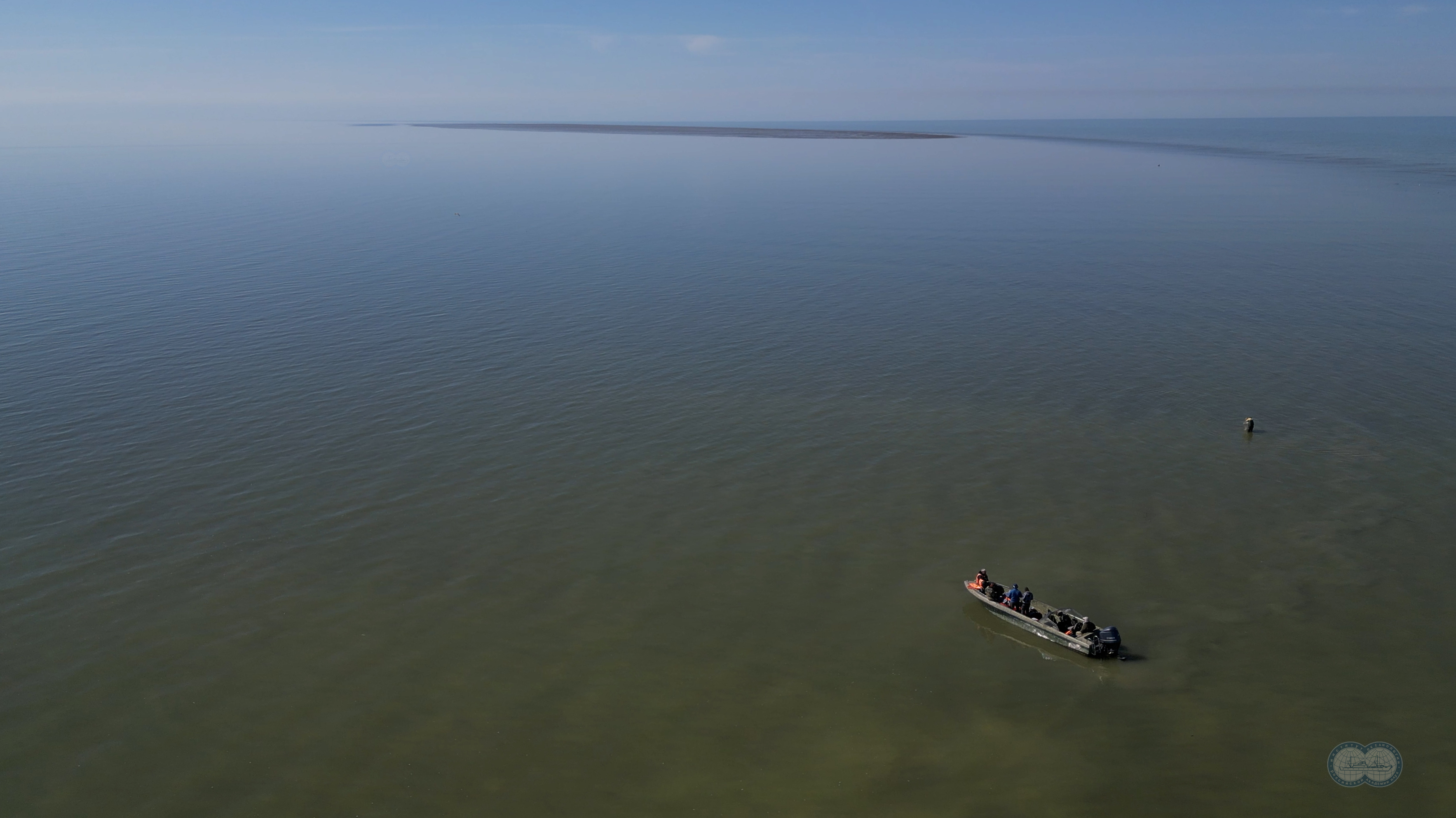 Aerial image of a research vessel approaching a new island in the northern part of the Caspian Sea.