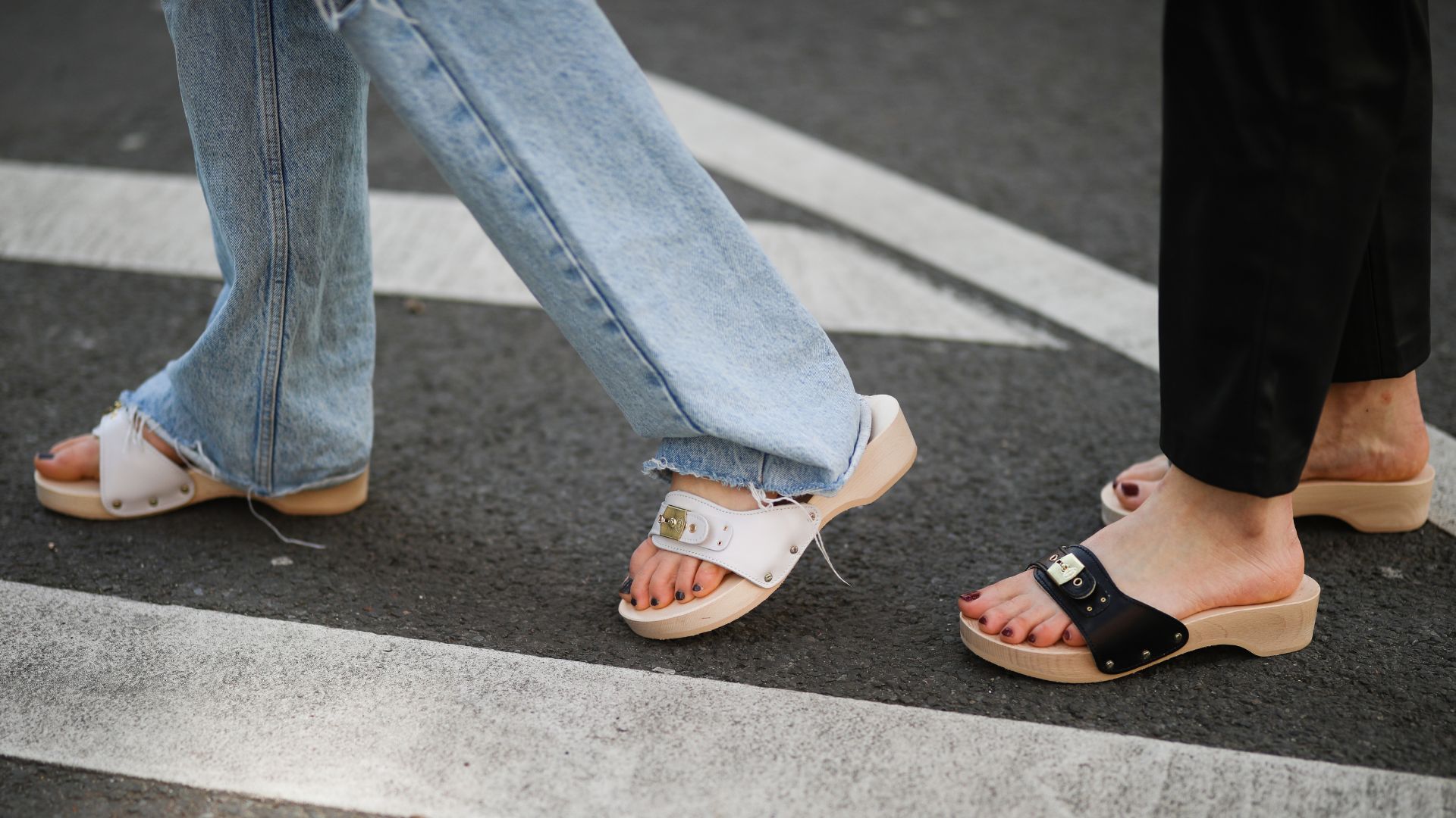 street style shot of two women wearing scholl clog sandals