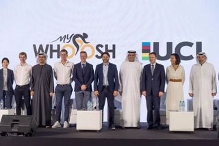 A delegation of UCI and MyWhoosh staff members