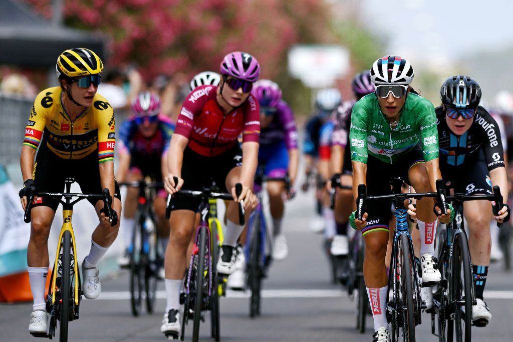 TORTOLI ITALY JULY 01 Elisa Balsamo of Italy and Team Trek Segafredo green mountain jersey crosses the finishing line ahead of Marianne Vos of Netherlands and Jumbo Visma Team Lotte Kopecky of Belgium and Team SD Worx Pink UCI Womens WorldTour Leader Jersey and Charlotte Kool of Netherlands and Team DSM during the 33rd Giro dItalia Donne 2022 Stage 2 a 1065km stage from Villasimius to Tortoli GiroDonne UCIWWT on July 01 2022 in Tortoli Italy Photo by Dario BelingheriGetty Images