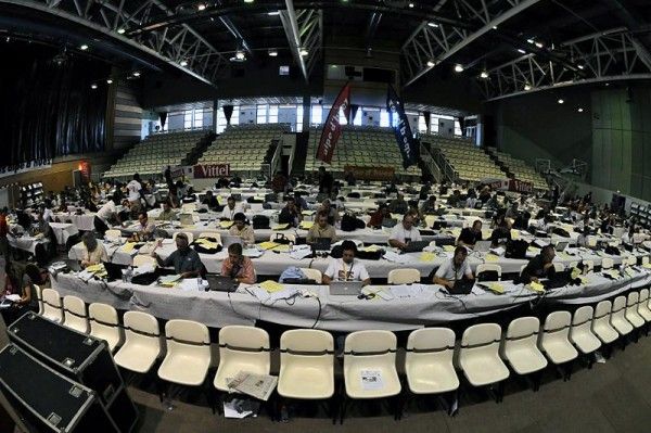 A hive of activity and energy: a view of the press room at the top of Alpe d'Huez.
