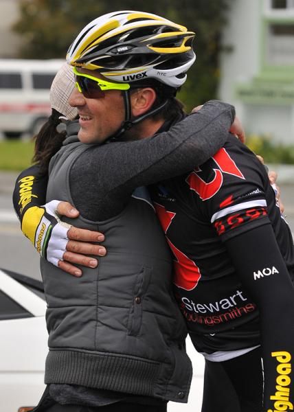 Hayden Roulston (Calder Stewart BikeNZ National Team) receives a hug after his stage win.
