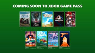 Coming soon to Xbox Game Pass. Displays nine game covers with titles on a green background: Herding, Total Chaos, Solarpunk, Undisputed, Persona 5: Royal, Beastro, Frog Sqwad, Starseeker: Astroneer Expeditions, and Junkster.