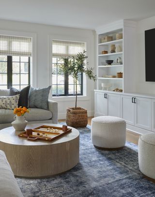 white living room with tv on wall, round wooden footstool, pouffes, rug, couch, tree in basket, stripe blinds, bookcase