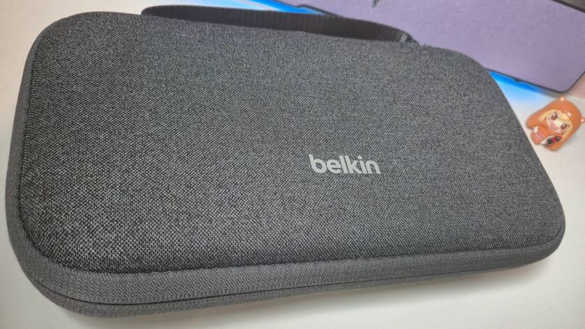 Photo by Rosalie Newcombe of the Belkin Switch 2 case sitting on a white desk.