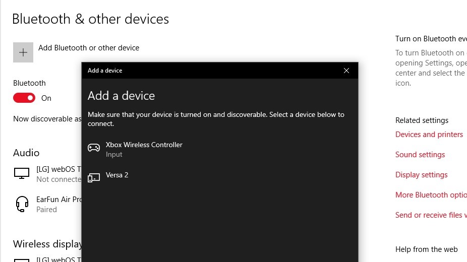 Bluetooth menu in Windows 10