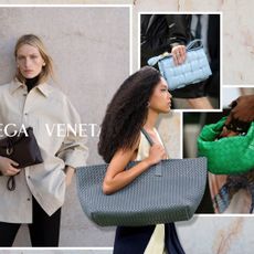 A Future graphic of the best Bottega Veneta bags, featuring models carrying the Sardine, Knot, Andiamo, Liberta, Cabat, Cassette, and Jodie