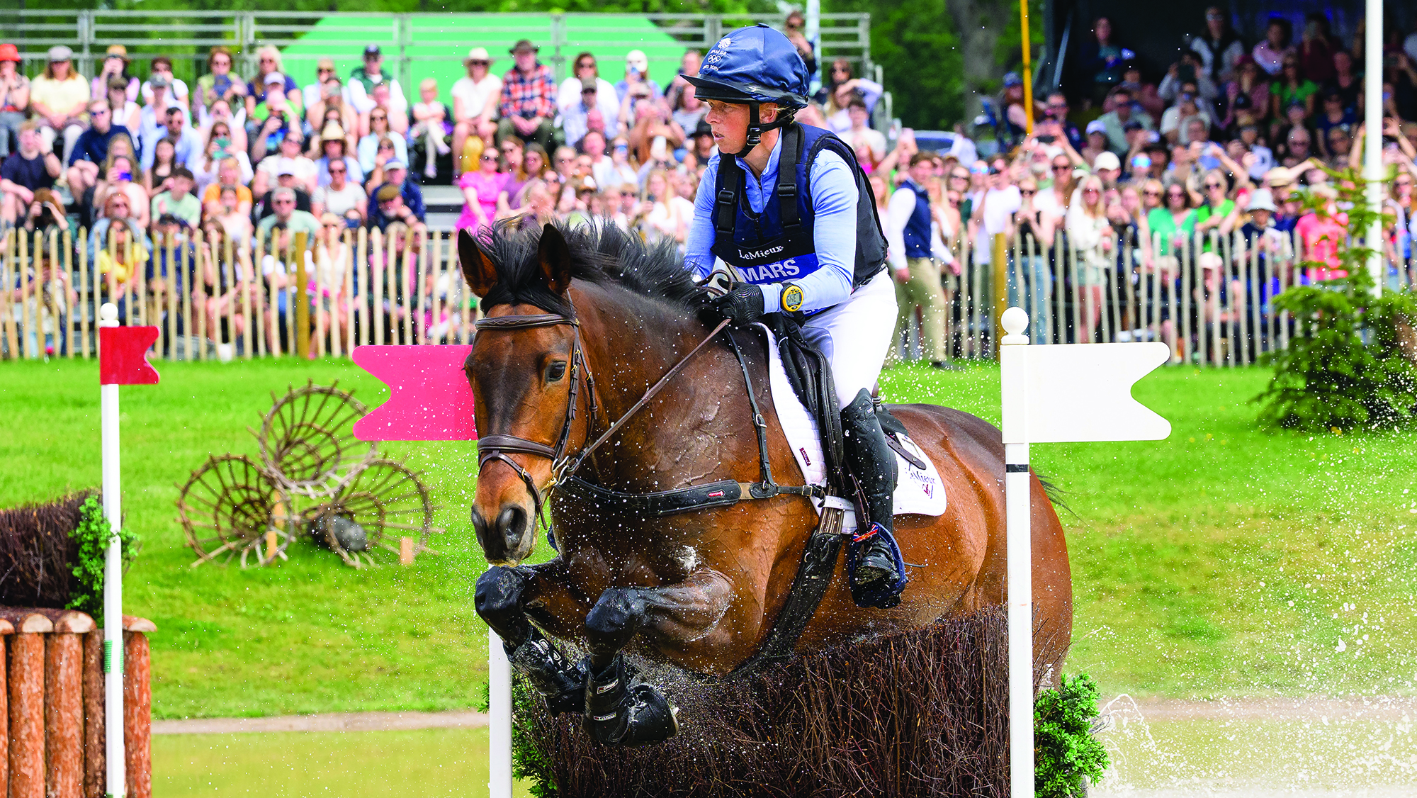 Ros Canter and Lordships Graffalo, British squad members for the eventing World Championships, jump a narrow fence in The Lake on the way to winning Badminton Horse Trials 2026