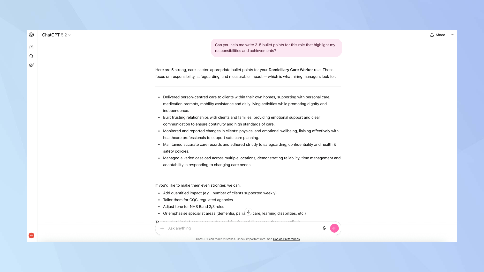 ChatGPT responsibilities and achievements output