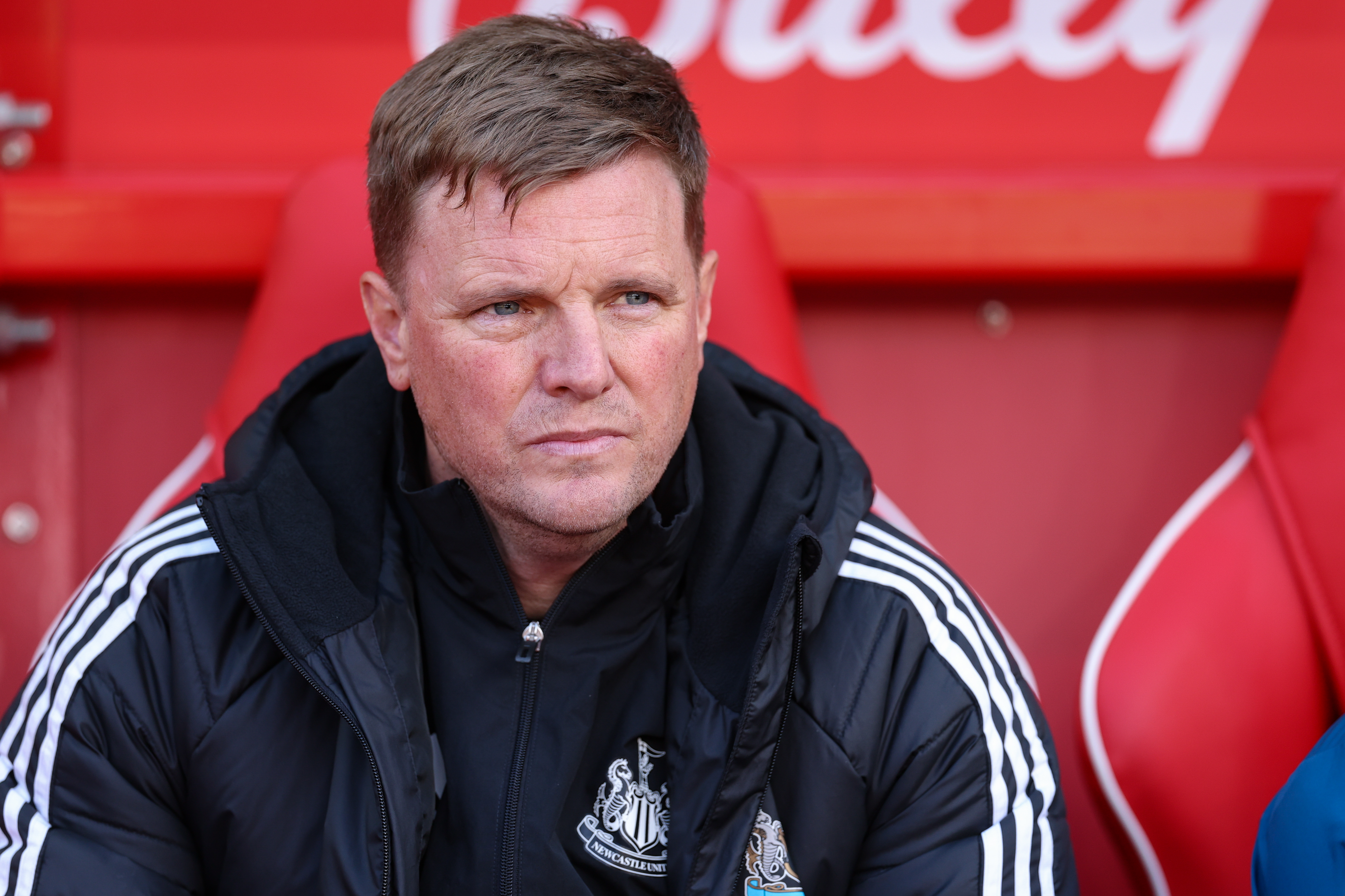 NOTTINGHAM, ENGLAND - MAY 10: Newcastle United Head Coach Eddie Howe looks on during the Premier League match between Nottingham Forest and Newcastle United at City Ground on May 10, 2026 in Nottingham, England. (Photo by Newcastle United/Newcastle United via Getty Images)