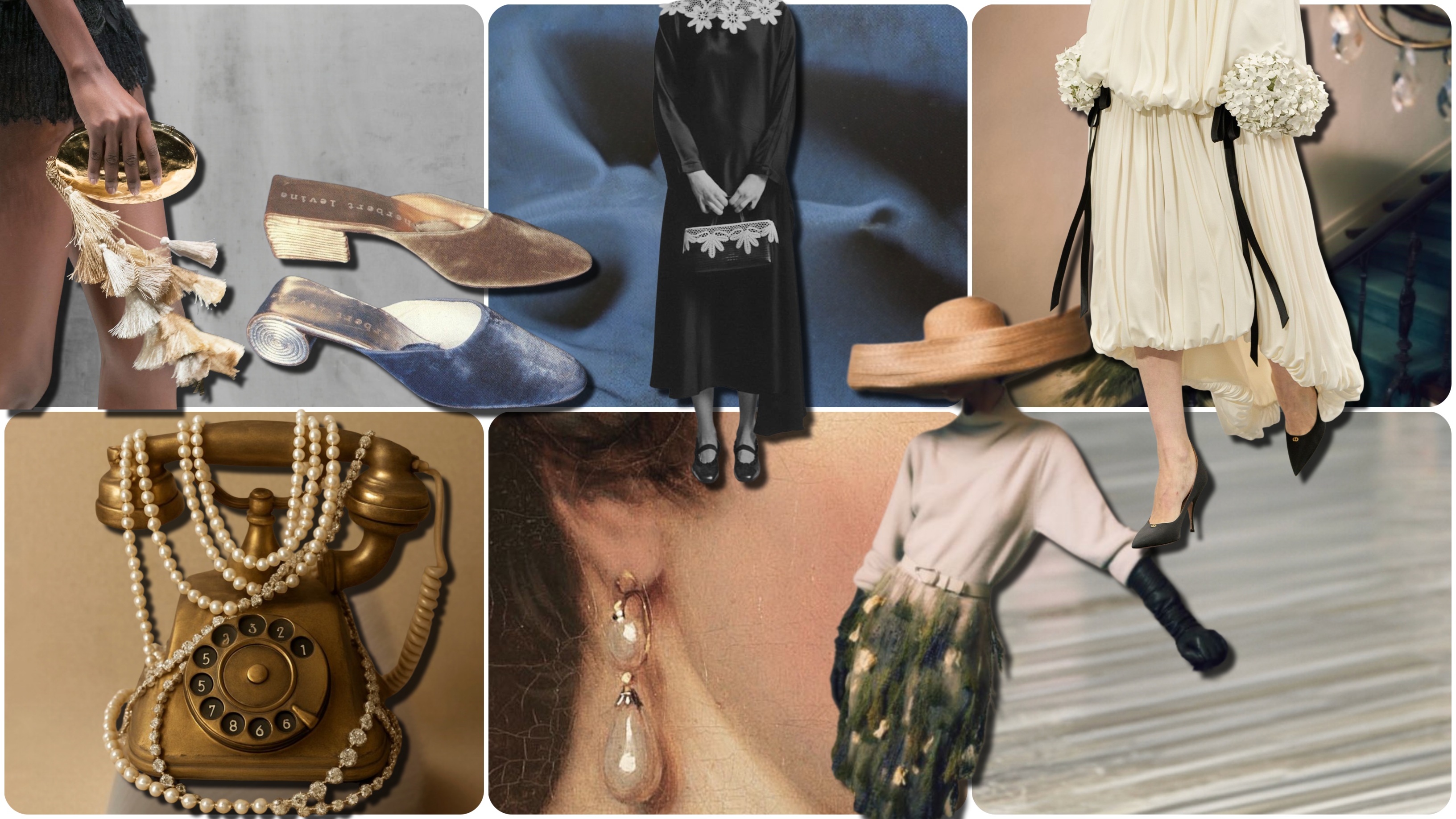 Heirloom items including clutch, pearls, lace, diamonds
