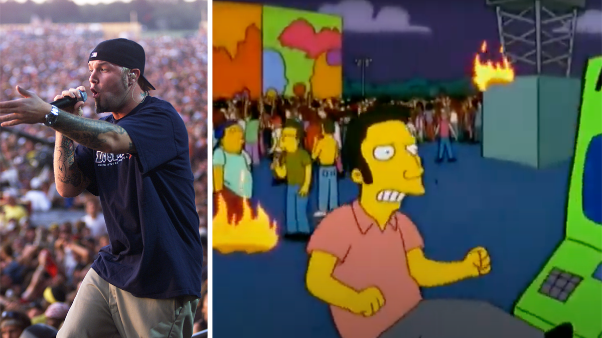 Fred Durst at Woodstock 1999, and a Simpsons scene parodying the festival