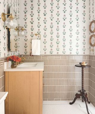 Cottage style bathroom design with tile in varying patterns