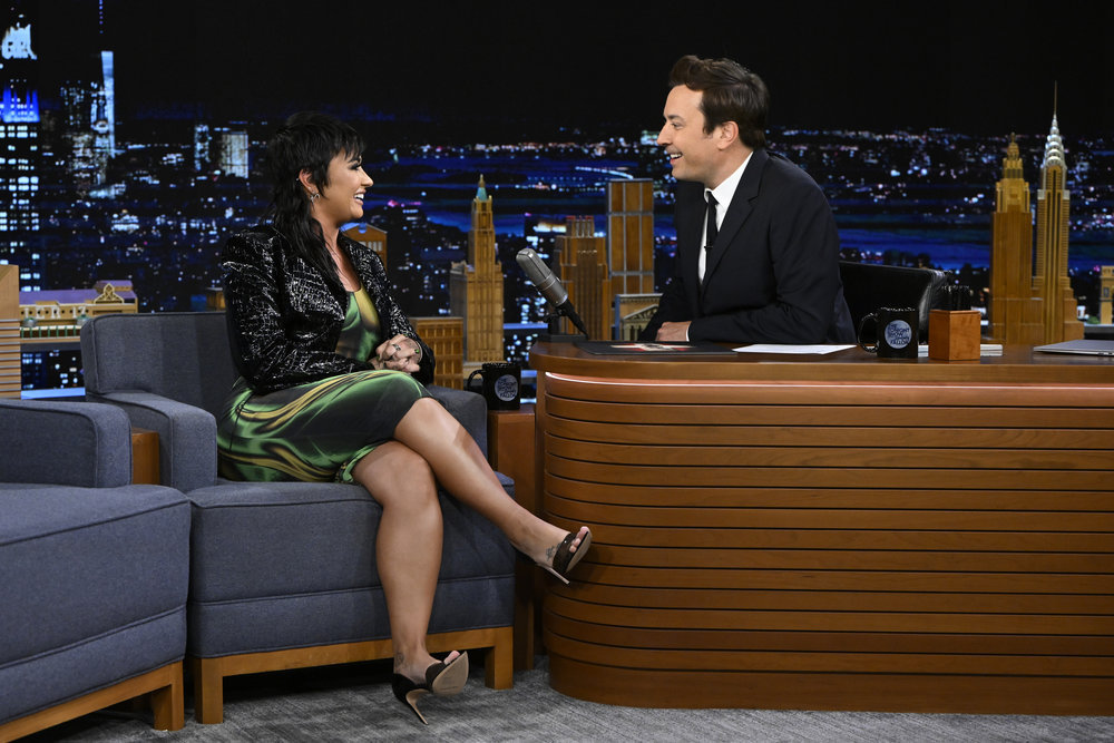 Demi Lovato in naked dress on Jimmy Fallon 2022.