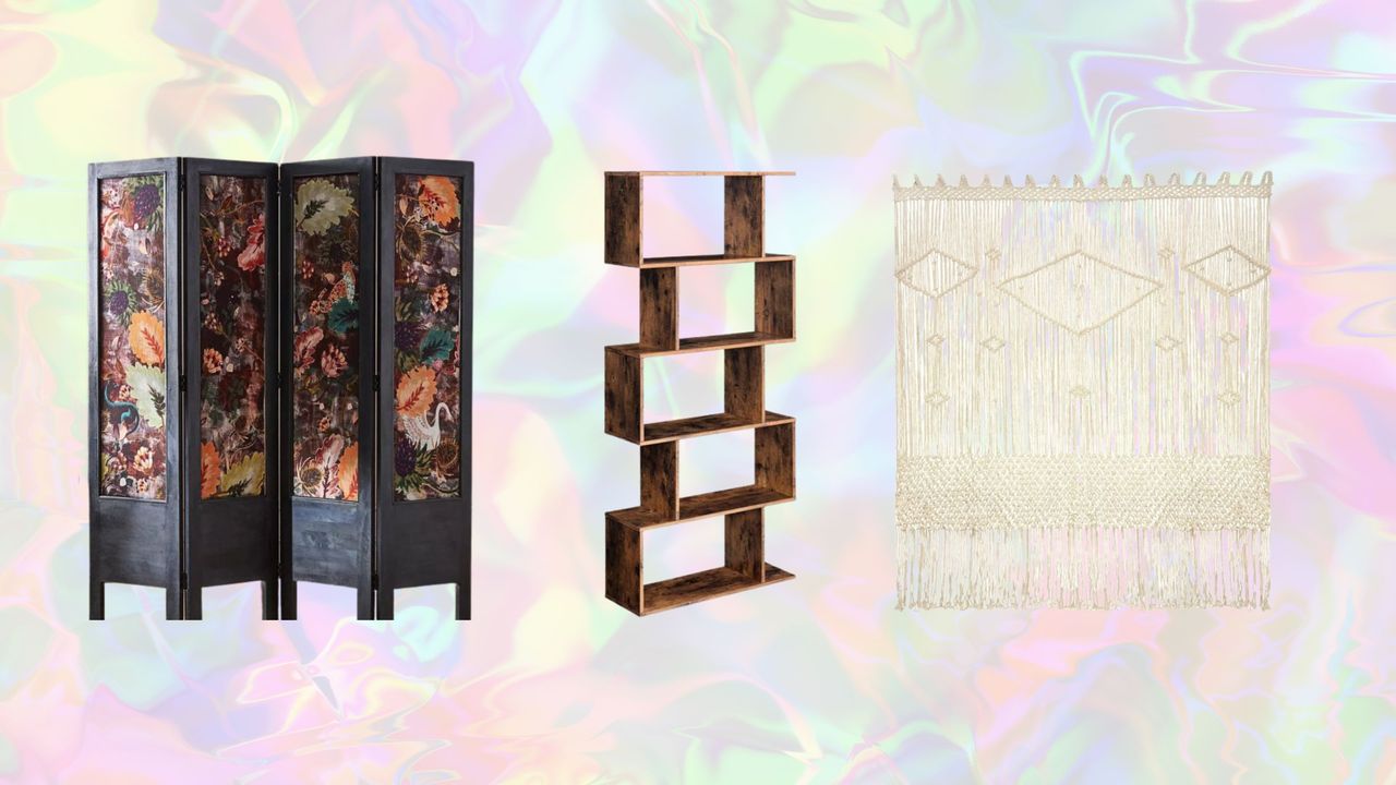 Best room dividers on holographic background, one wooden with pattern, another wooden with shelves and the third macrame hanging 